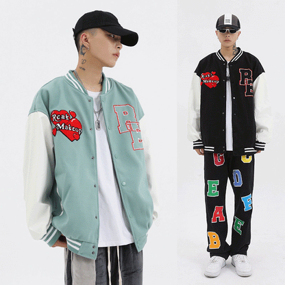 Valentine's Day Jacket Stitching PU Leather Embroidery on Sleeves Love Angel Towel Embroidery Couple Baseball Uniform