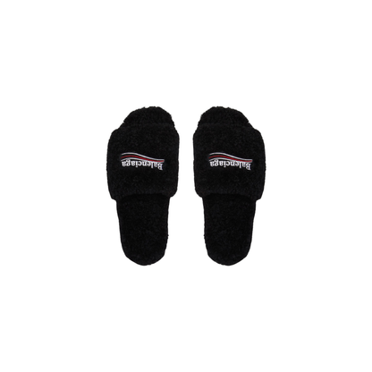 Balenciaga Furry Slide Sandals - Jet Black Faux Fur