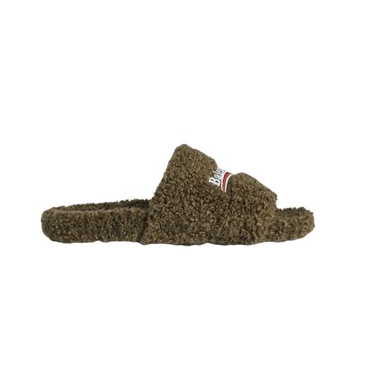Balenciaga Furry Slide Sandals - Olive Faux Fur