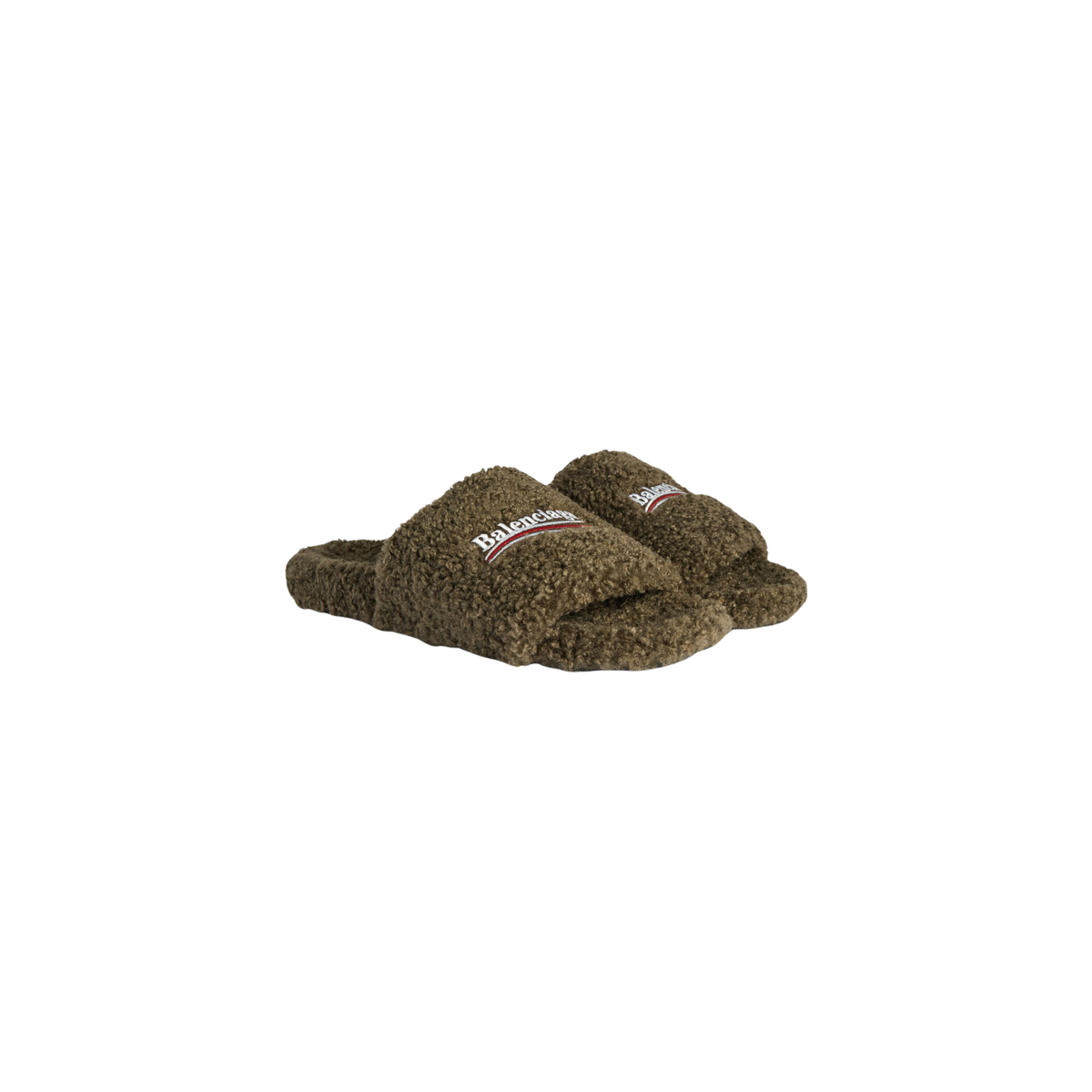 Balenciaga Furry Slide Sandals - Olive Faux Fur