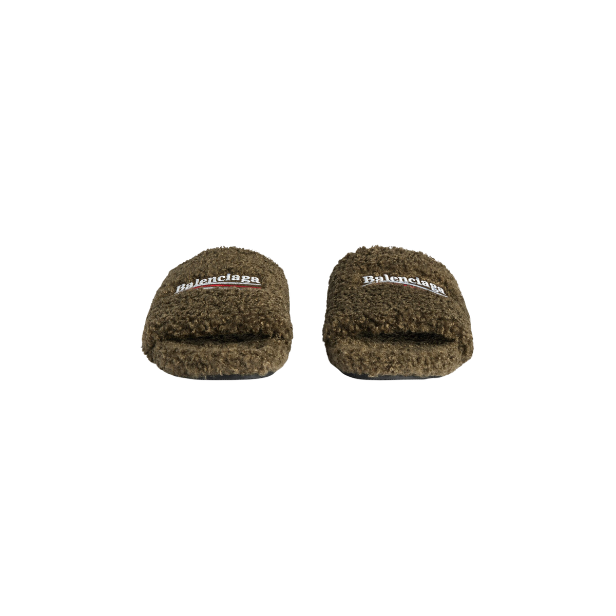 Balenciaga Furry Slide Sandals - Olive Faux Fur
