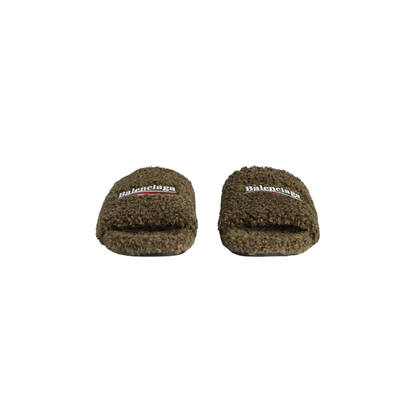Balenciaga Furry Slide Sandals - Olive Faux Fur