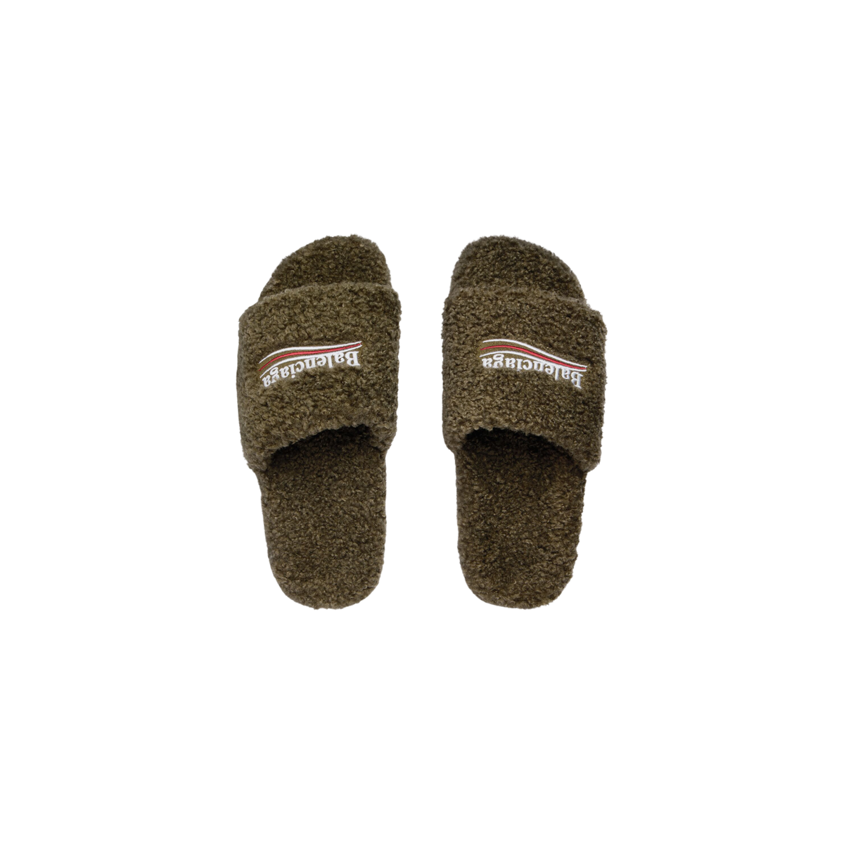 Balenciaga Furry Slide Sandals - Olive Faux Fur