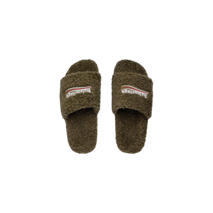 Balenciaga Furry Slide Sandals - Olive Faux Fur