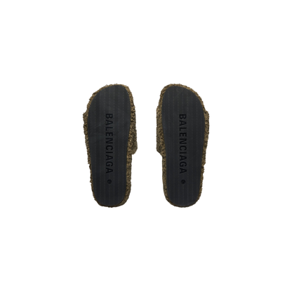Balenciaga Furry Slide Sandals - Olive Faux Fur