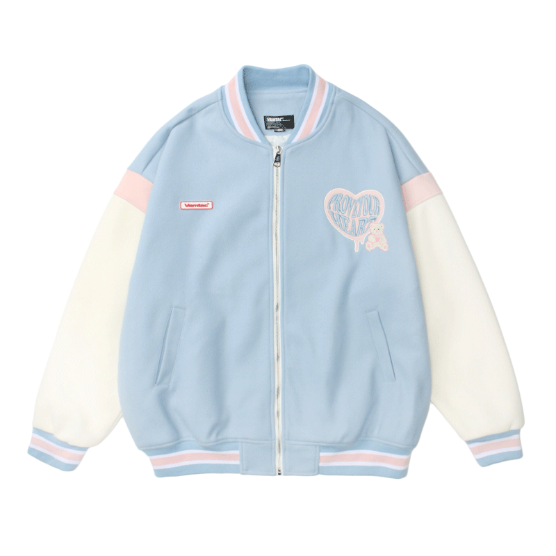 Valentine's Day Jacket Color Contrast Patchwork Drop-Shoulder Sleeve Couple Loose Woolen Baseball Uniform Jacket