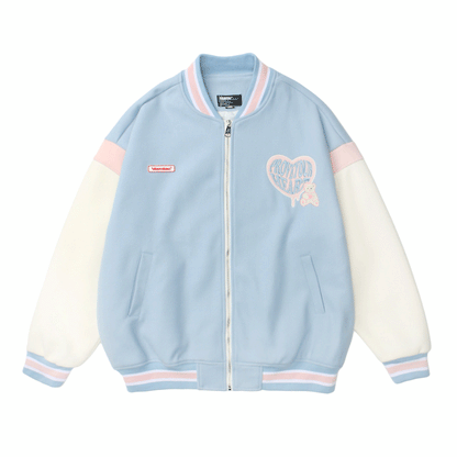 Valentine's Day Jacket Color Contrast Patchwork Drop-Shoulder Sleeve Couple Loose Woolen Baseball Uniform Jacket
