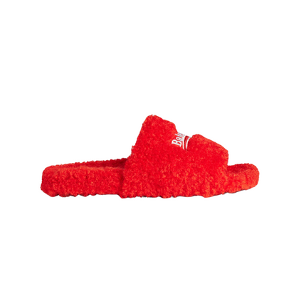 Balenciaga Furry Slide Sandals - Scarlet Red Faux Fur