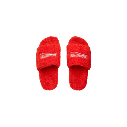 Balenciaga Furry Slide Sandals - Scarlet Red Faux Fur