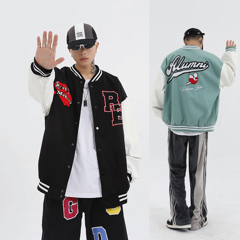 Valentine's Day Jacket Stitching PU Leather Embroidery on Sleeves Love Angel Towel Embroidery Couple Baseball Uniform