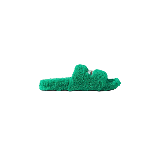 Balenciaga Furry Slide Sandals - Emerald Green Faux Fur