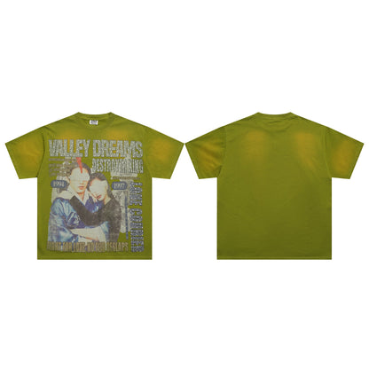 Valeforever Vale T Shirts Hotfix rhinestones Splicing Wash Water Maliu Short Sleeve