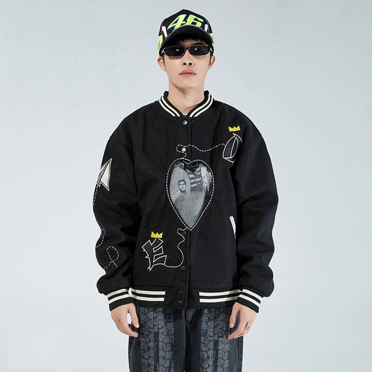 Valentine's Day Jacket Hollow-out Love Jacket Embroidered Men's Baggy Coat