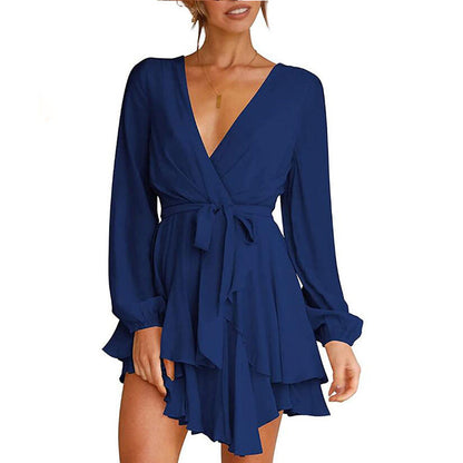 Valentine's Day Dress Women's High Waist V-neck Dress Solid Color Casual Short Skirt