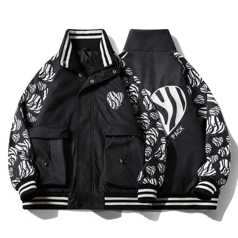 Valentine's Day Jacket Love Embroidered Stand Collar Warm Thick Casual Jacket Same Style for Men and Women Flight Jacket