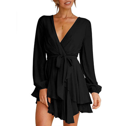 Valentine's Day Dress Women's High Waist V-neck Dress Solid Color Casual Short Skirt