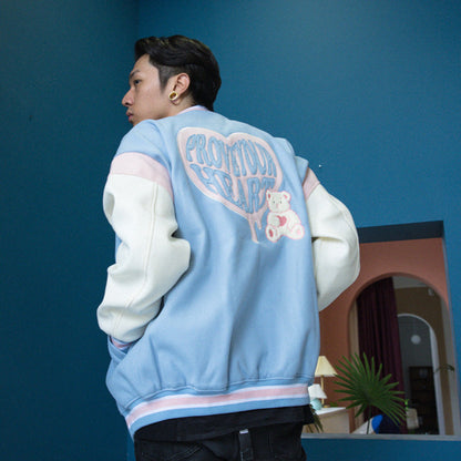 Valentine's Day Jacket Color Contrast Patchwork Drop-Shoulder Sleeve Couple Loose Woolen Baseball Uniform Jacket