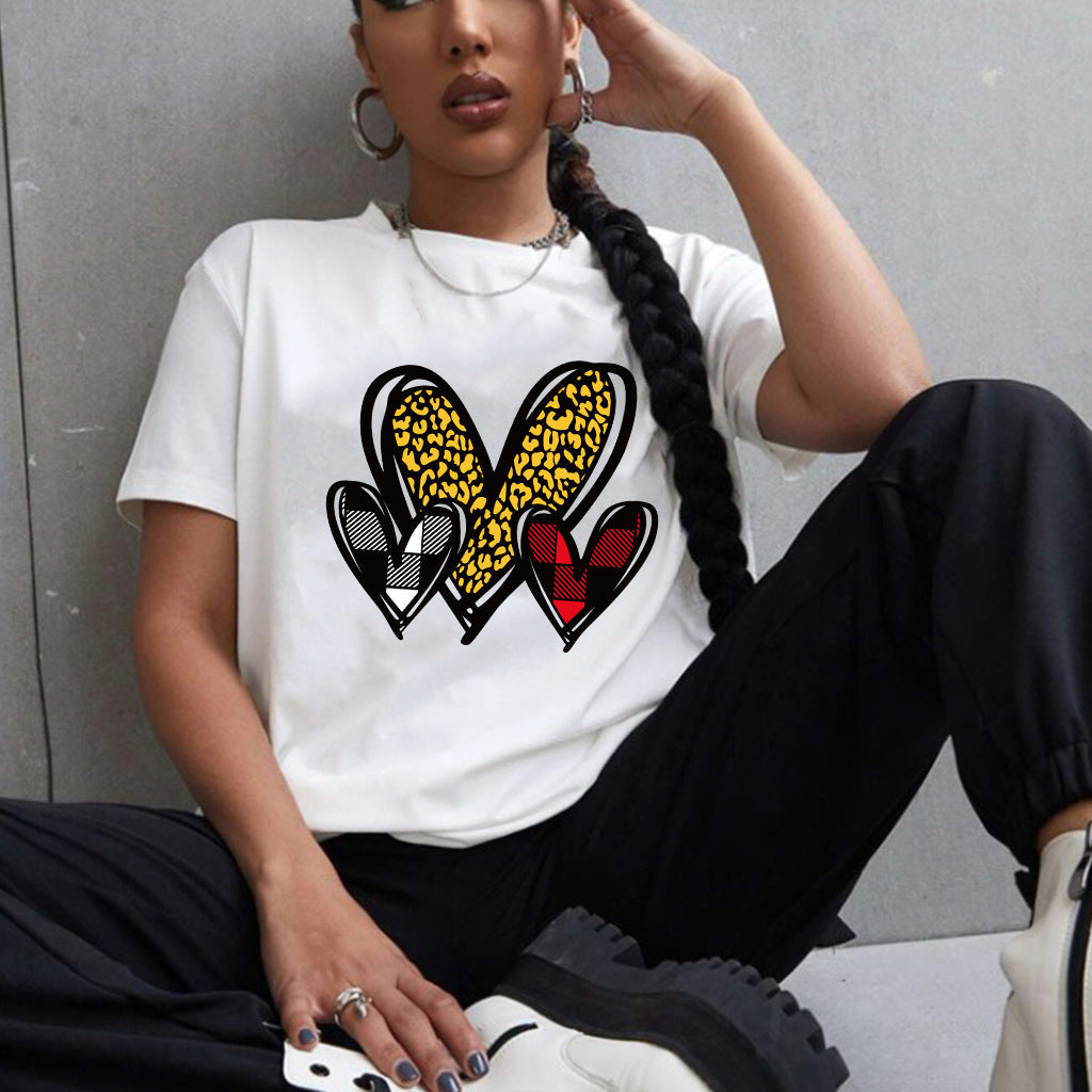 Valentine 'S Day T Shirts Couples Leopard Print Heart Printing Loose Pullover Women