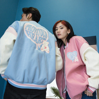 Valentine's Day Jacket Color Contrast Patchwork Drop-Shoulder Sleeve Couple Loose Woolen Baseball Uniform Jacket