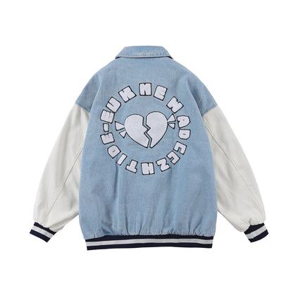 Valentine's Day Jacket Hip Hop Retro Baseball Uniform Loose Stitching Denim Jacket