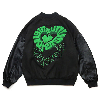 Valentine's Day Jacket Hip Hop Retro Love Flocking Embroidered Baseball Uniform Men's PU Leather Stitching Casual Jacket Coat