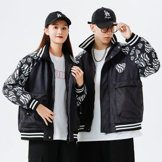 Valentine's Day Jacket Love Embroidered Stand Collar Warm Thick Casual Jacket Same Style for Men and Women Flight Jacket