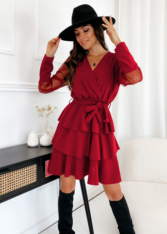 Valentine's Day Dress Spring Stitching Mesh Sleeve Long Sleeve Dress