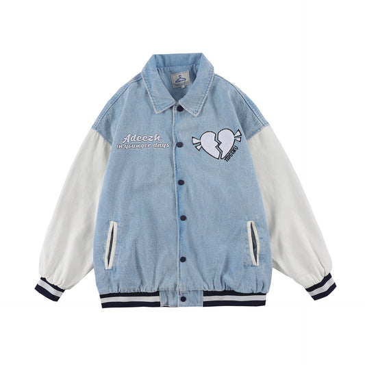 Valentine's Day Jacket Hip Hop Retro Baseball Uniform Loose Stitching Denim Jacket