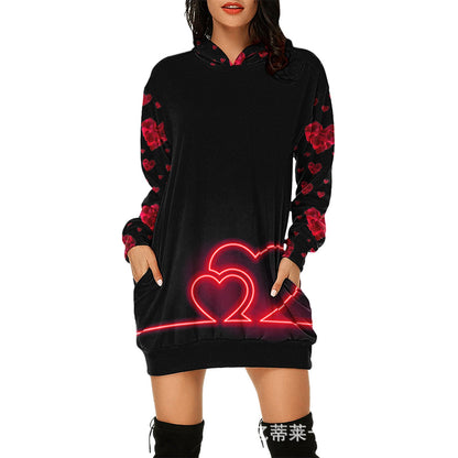 Valentine's Day Dress Hooded Long Sleeve Printed Skirt