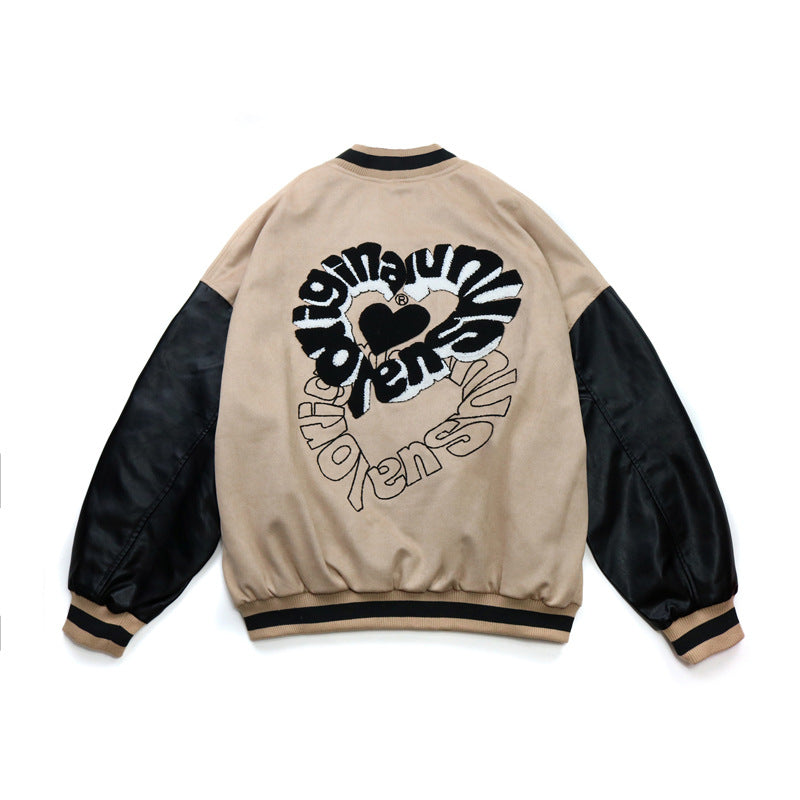 Valentine's Day Jacket Hip Hop Retro Love Flocking Embroidered Baseball Uniform Men's PU Leather Stitching Casual Jacket Coat